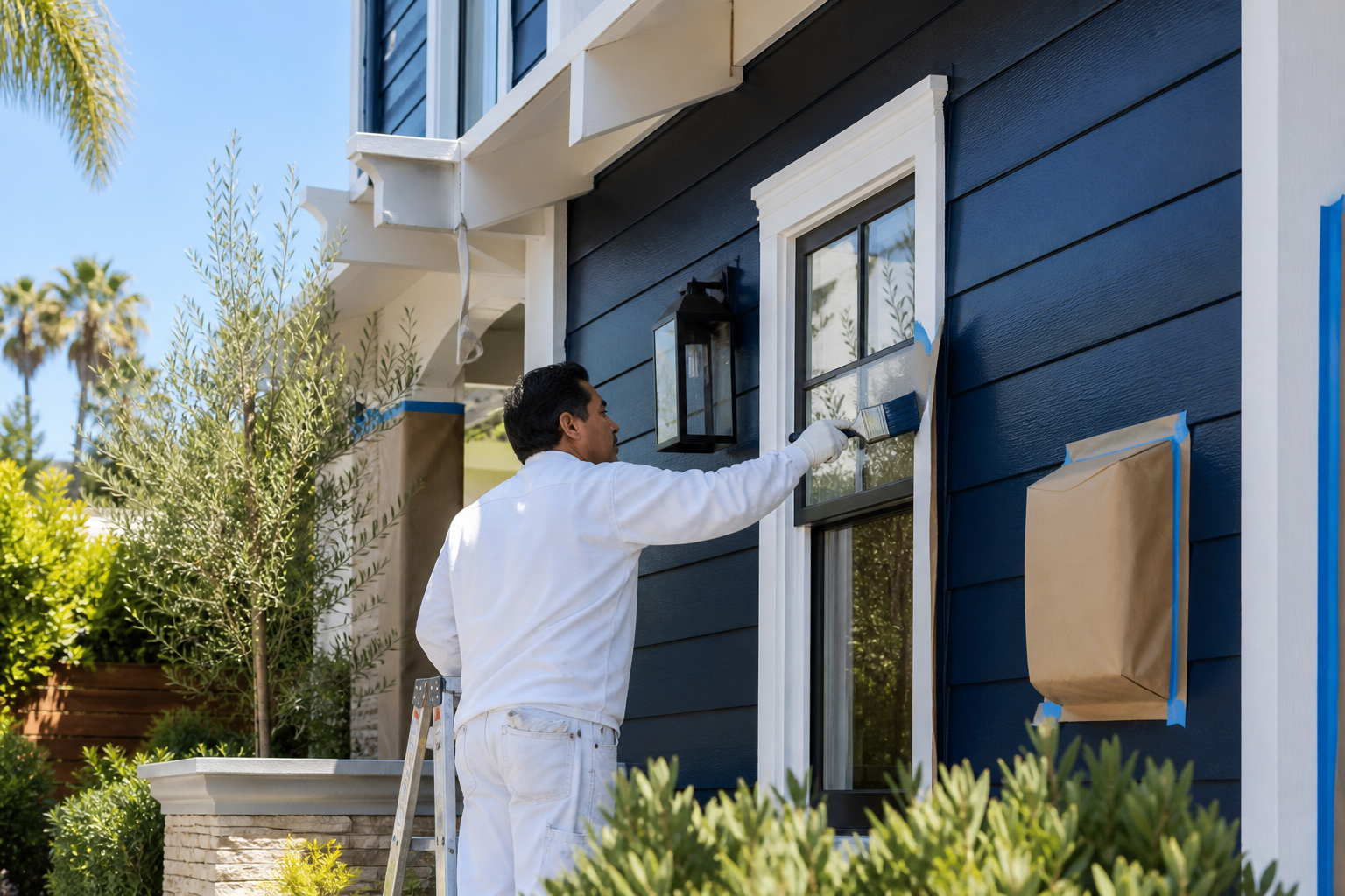 Professional painter finishing navy blue exterior siding on a home